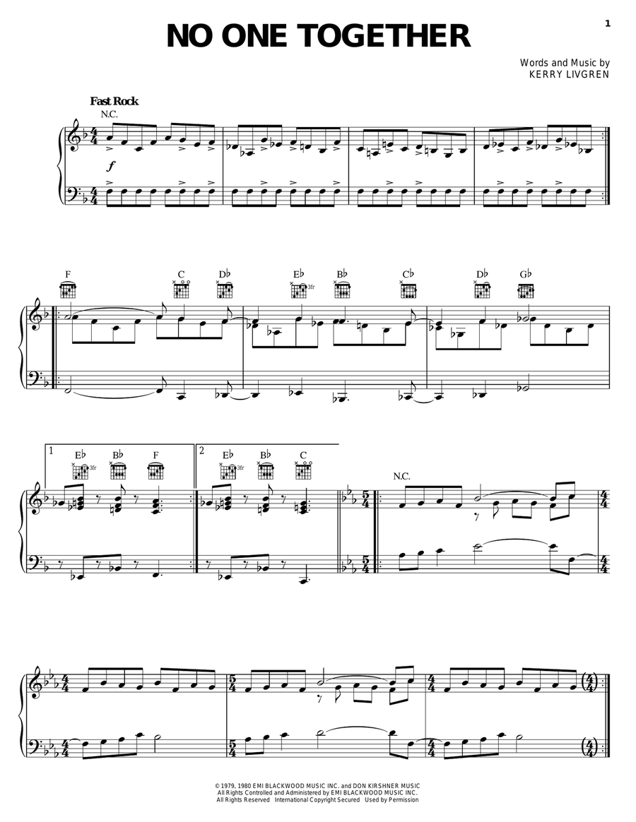 No One Together Piano, Vocal, Guitar scores gallery preview page 1