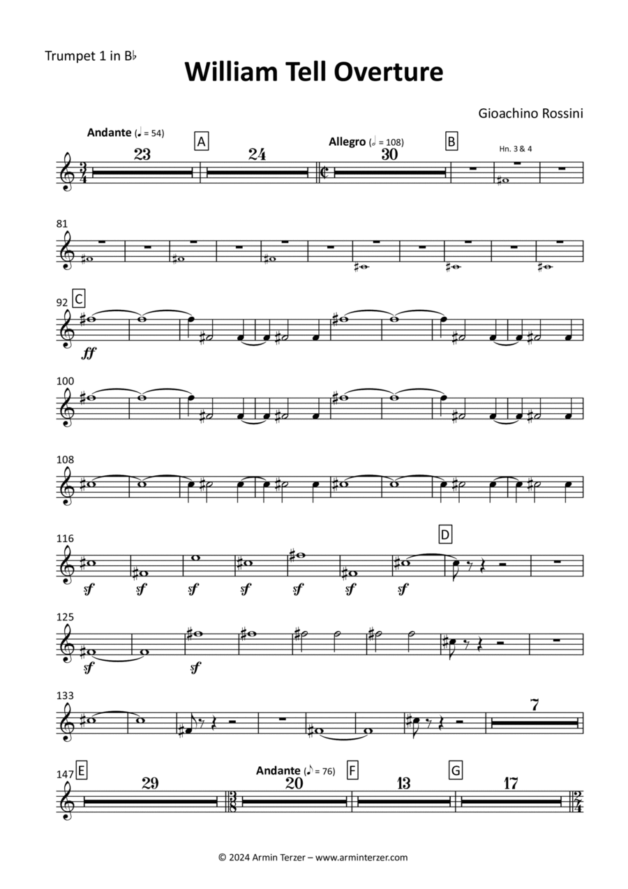 William Tell Overture - transposed trumpet parts (1-2) Trumpet Solo scores gallery preview page 1