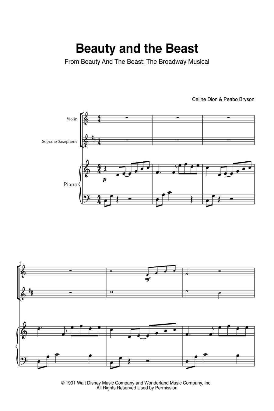 Beauty And The Beast Soprano Saxophone scores gallery preview page 1