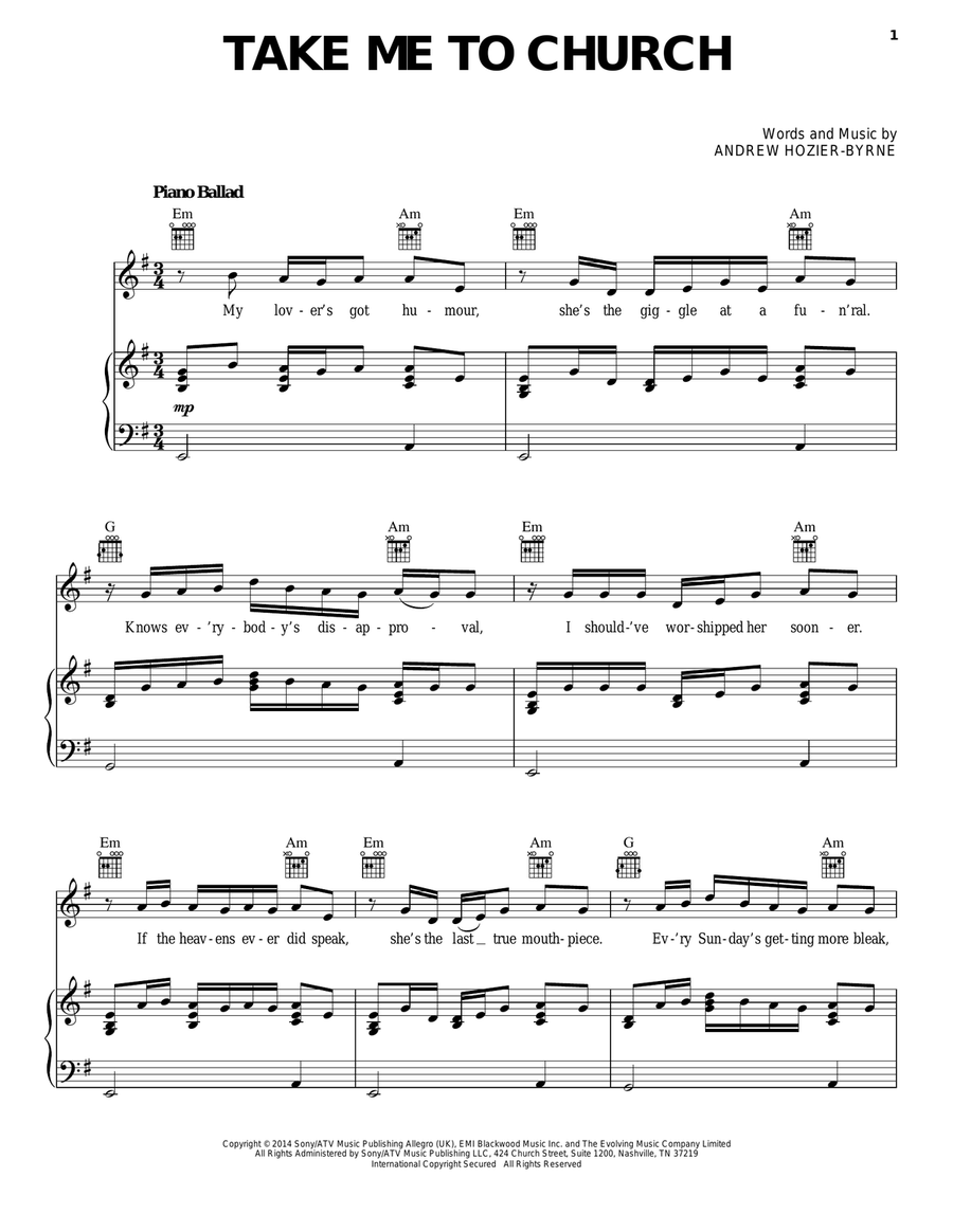 Take Me To Church Piano, Vocal, Guitar scores gallery preview page 1