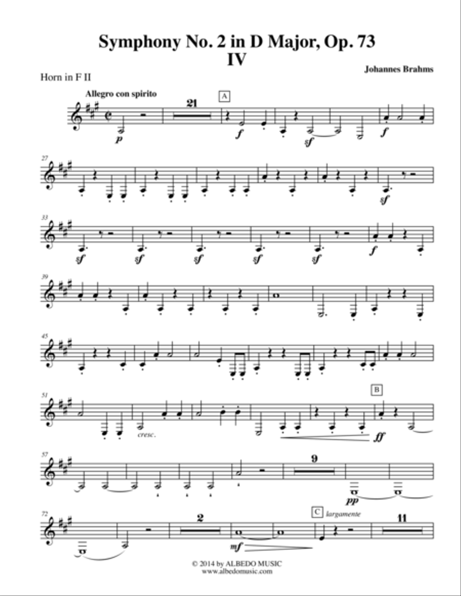 Brahms Symphony No. 2, Movement IV - Horn in F 2 (Transposed Part), Op. 73 Horn Solo scores gallery preview page 1