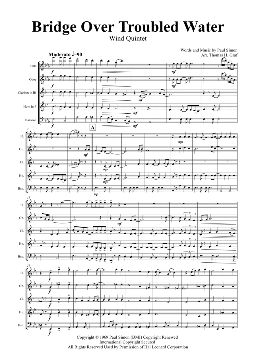 Bridge Over Troubled Water Woodwind Quintet scores gallery preview page 1