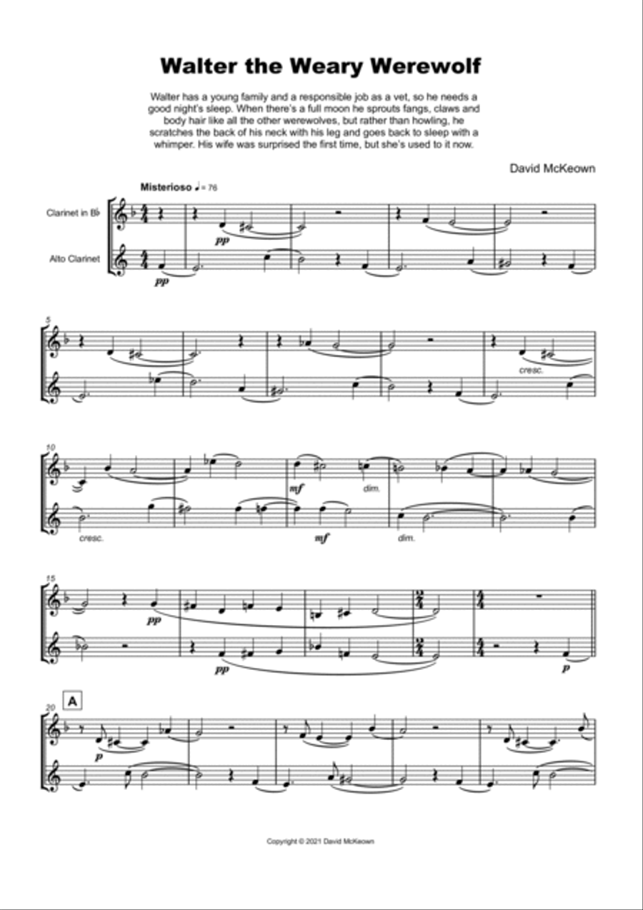 Walter the Weary Werewolf, Halloween Duet for Clarinet and Alto Clarinet Woodwind Duet scores gallery preview page 2