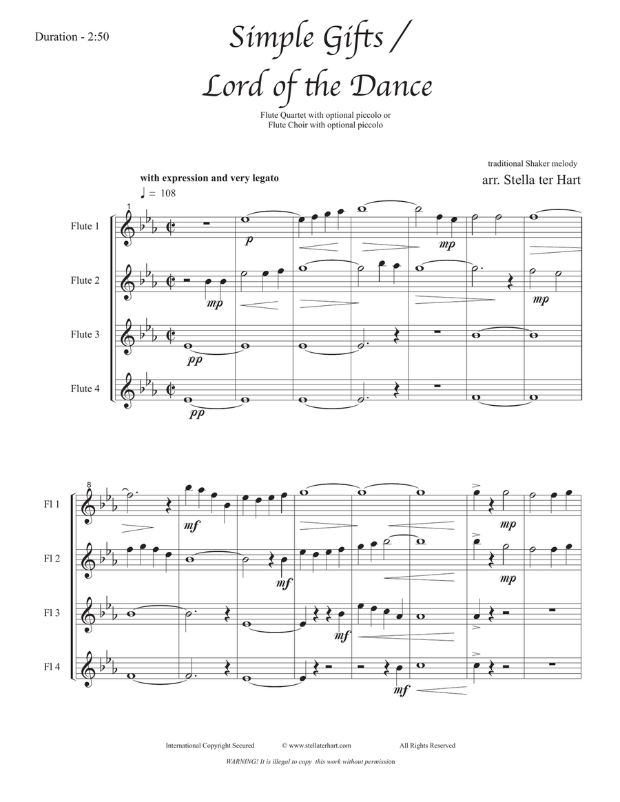 Simple Gifts/Lord of the Dance - flute quartet or choir (flute 1, 2, 3, 4 and piccolo) Woodwind Ensemble scores gallery preview page 2