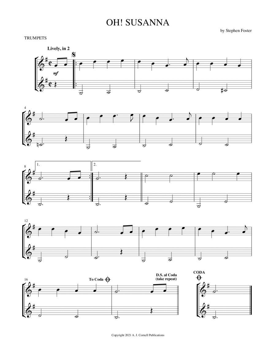 Oh! Susanna Oh! Susanna Trumpet Duet scores gallery preview page 1