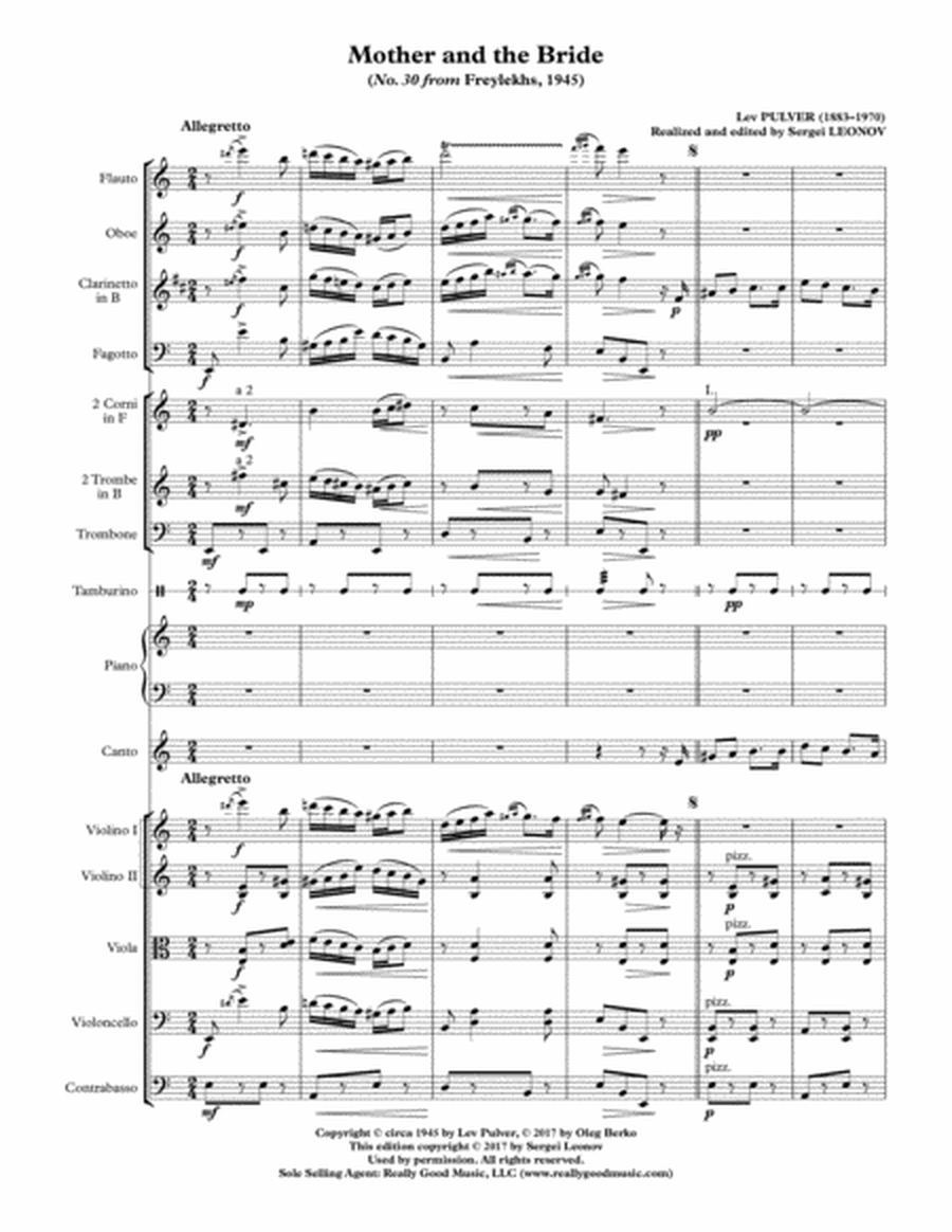 PULVER Lev: "Mother and the Bride" from "Freylekhs" for Symphony Orchestra (Full score + set of part image number null