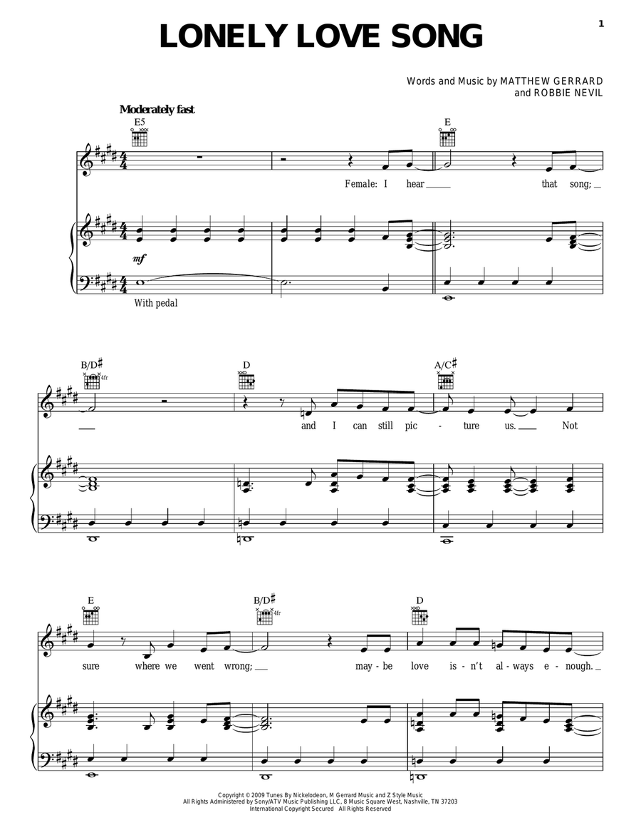 Lonely Love Song Piano, Vocal, Guitar scores gallery preview page 1