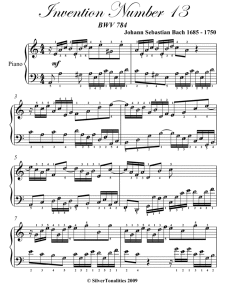 Invention Number 13 BWV 784 Easy Piano Sheet Music