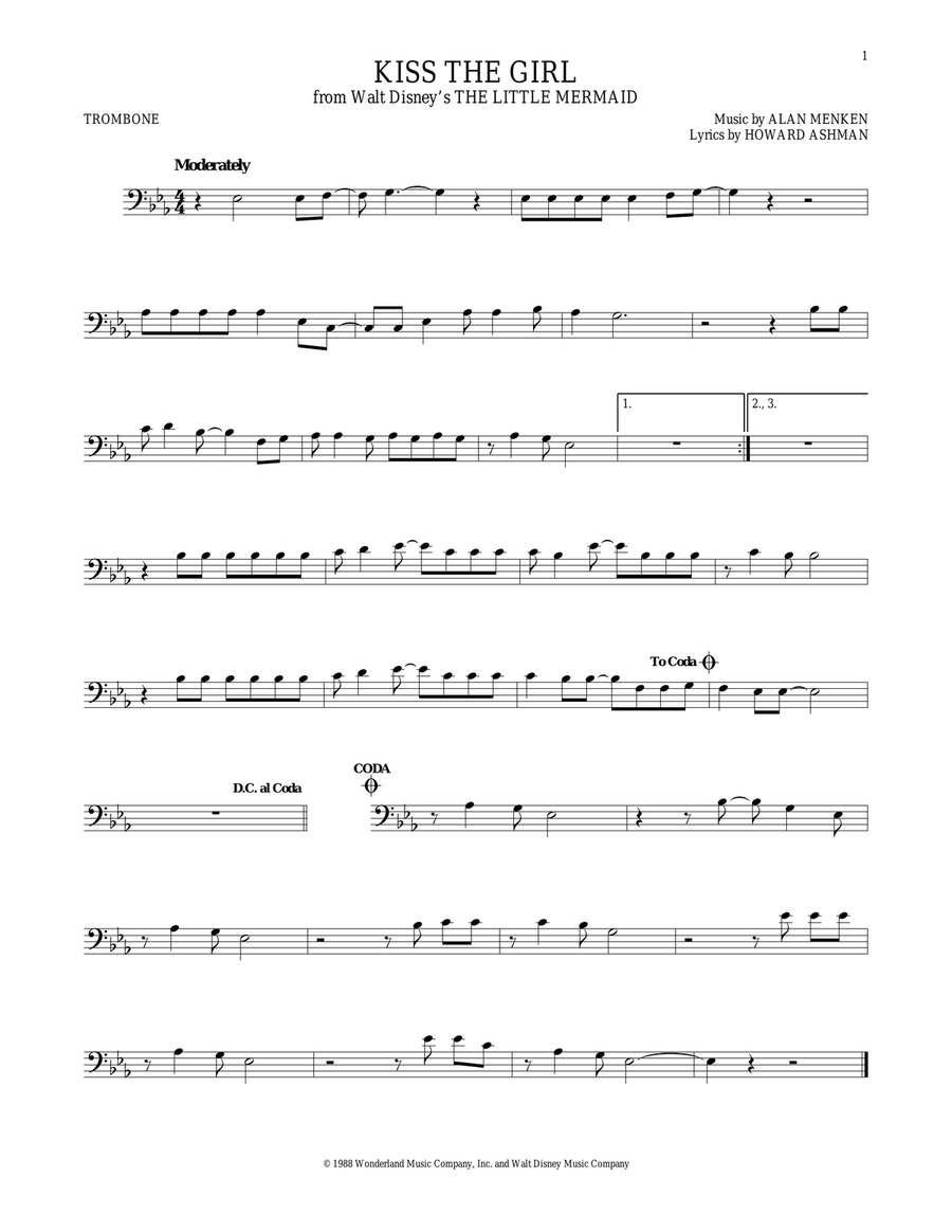 Kiss The Girl (from The Little Mermaid) Trombone Solo scores gallery preview page 1