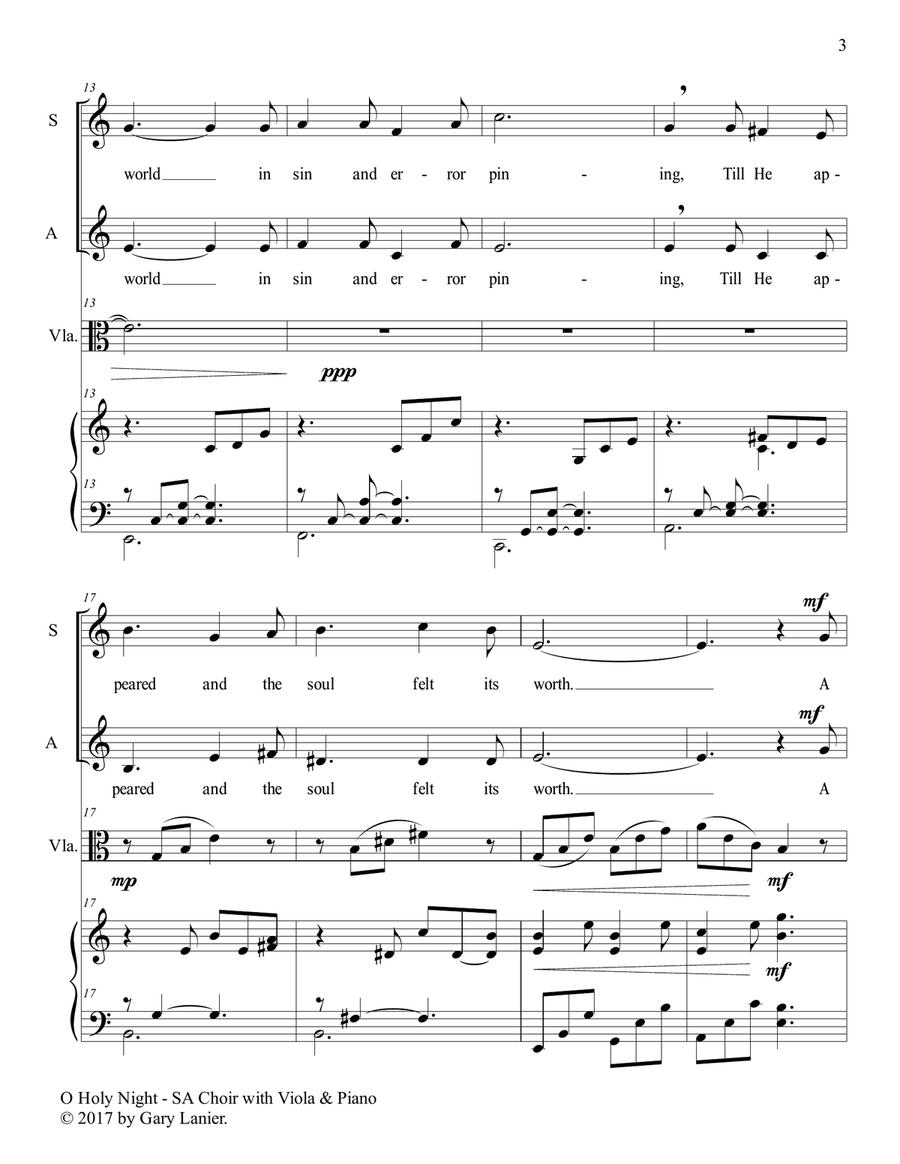 O HOLY NIGHT (SA Choir with Viola & Piano - Score & Parts included) SA scores gallery preview page 4