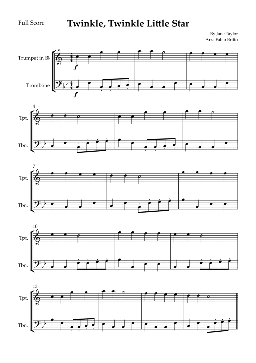Twinkle, Twinkle Little Star for Trumpet in Bb & Trombone Duo Brass Duet scores gallery preview page 1