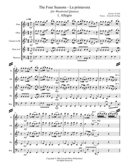 Vivaldi - La primavera - I. Allegro from The Four Seasons (for Woodwind Quintet) image number null