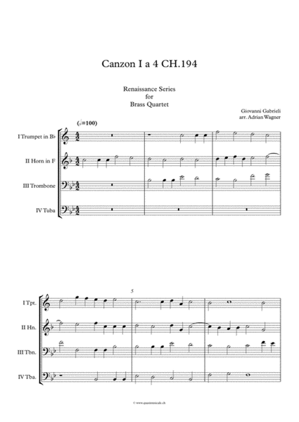 "Canzon I a 4 Ch.194" (Giovanni Gabrieli) Brass Quartet arr. Adrian Wagner image number null