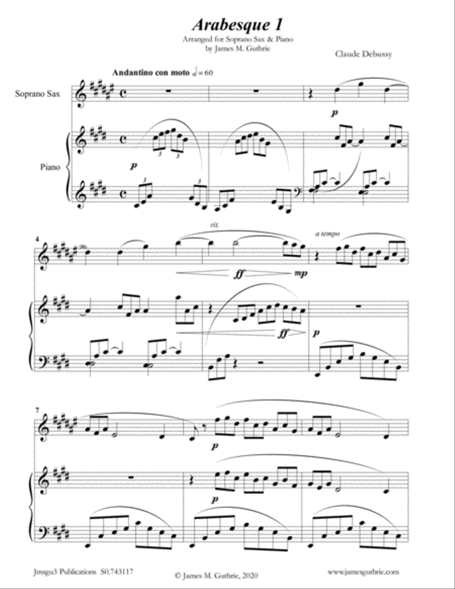 Debussy: Two Arabesques for Soprano Sax & Piano Soprano Saxophone scores gallery preview page 1