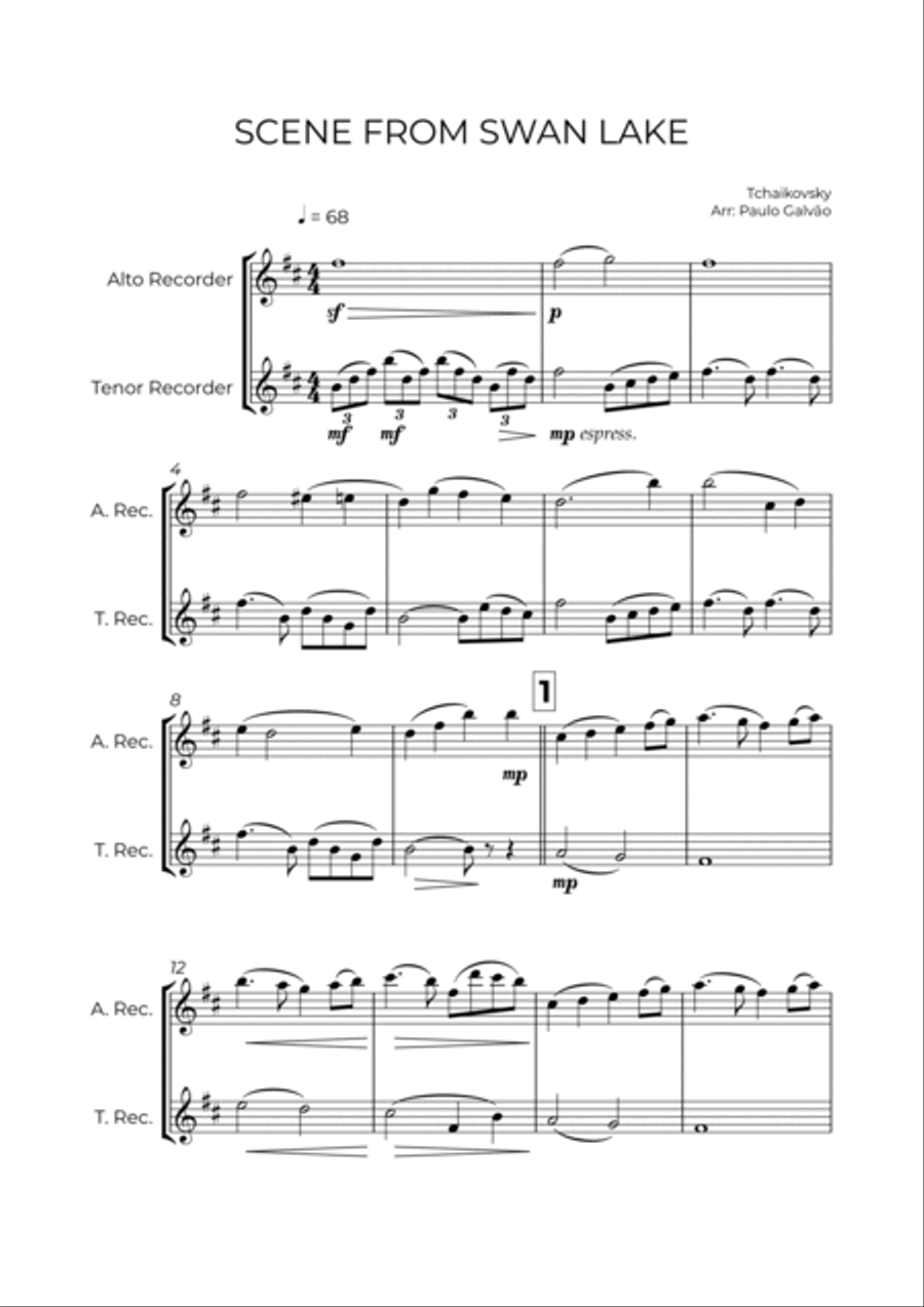 SCENE FROM SWAN LAKE - TCHAIKOVSKY – ALTO & TENOR RECORDER DUO Woodwind Duet scores gallery preview page 2
