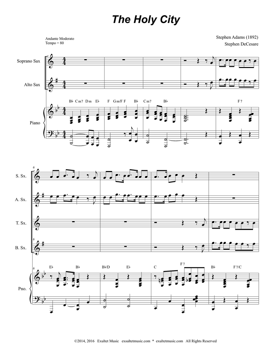 The Holy City (Saxophone Quartet and Piano) Woodwind Ensemble scores gallery preview page 1