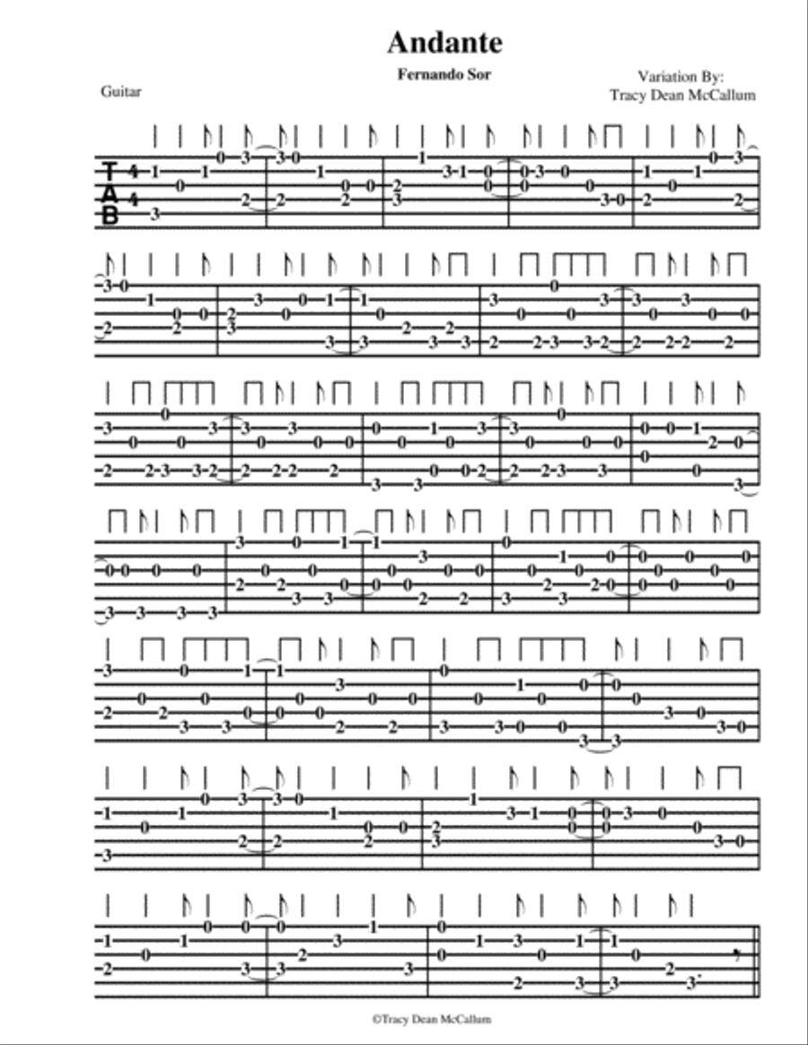 Andante Variation Fernando Sor Guitar Tablature Classical Guitar scores gallery preview page 1