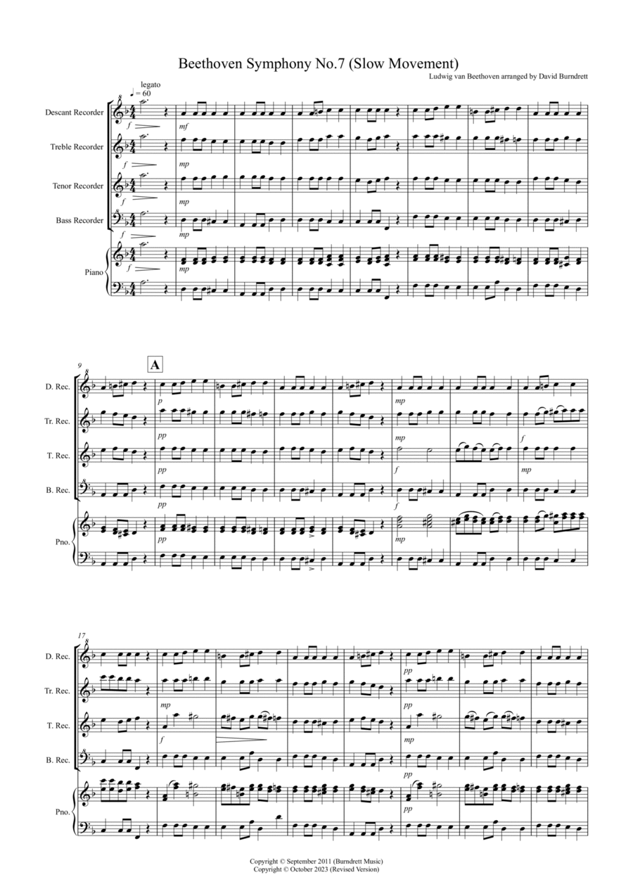 Beethoven Symphony No.7 (slow movement) for Recorder Quartet Recorder scores gallery preview page 1