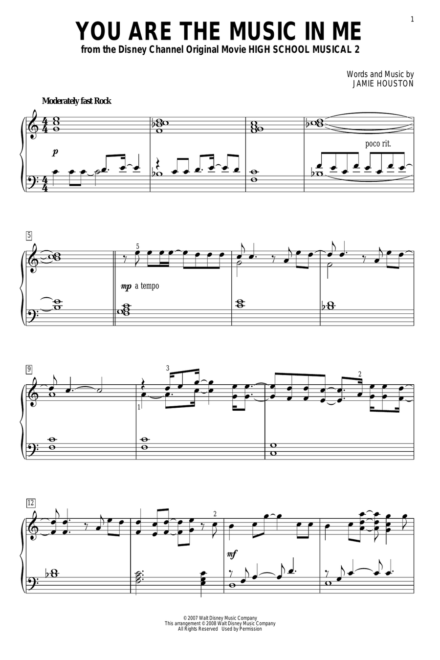 You Are The Music In Me (from High School Musical 2) Piano Solo scores gallery preview page 1