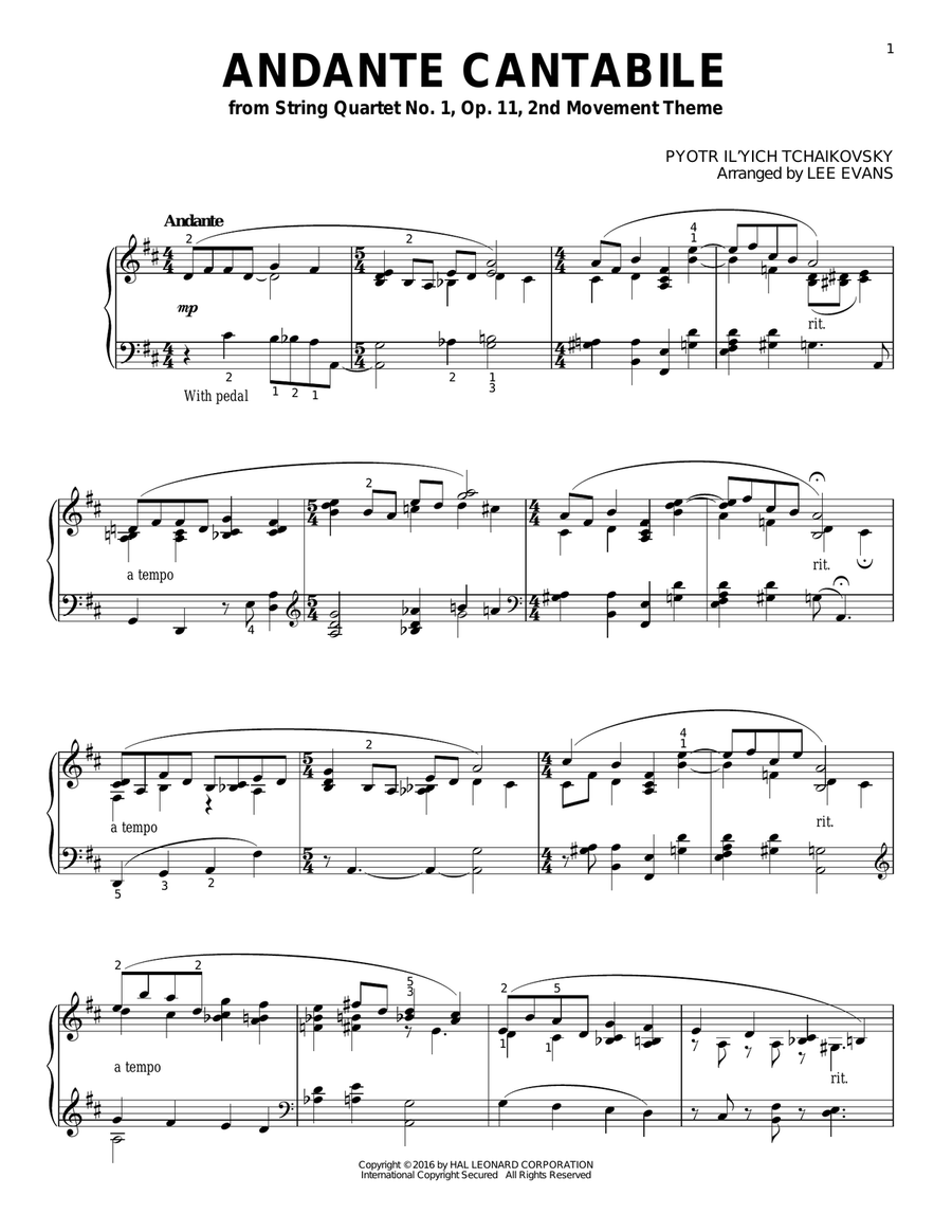 Andante Cantabile (arr. Lee Evans) Piano Solo scores gallery preview page 1