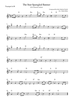 The Star Spangled Banner (USA National Anthem) for Trumpet in Bb Solo with Chords (F Major)