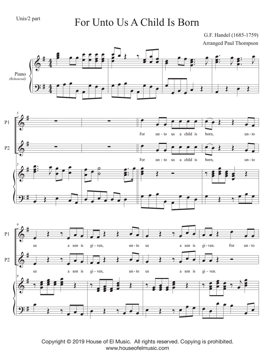 For Unto Us - 2 part (Handel's Messiah for Young Voices) SA scores gallery preview page 1