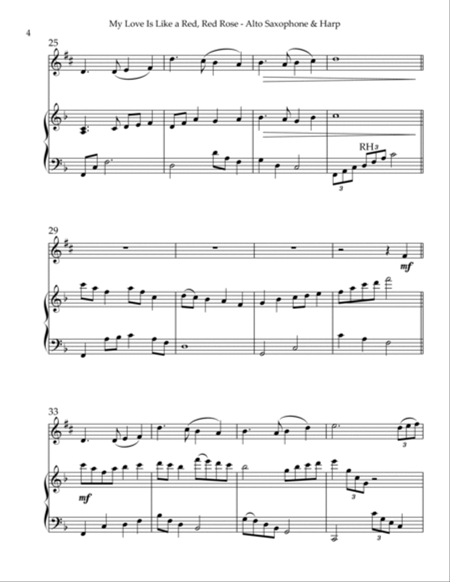 My Love Is Like A Red, Red Rose, Duet for Eb Alto Saxophone & Harp Alto Saxophone scores gallery preview page 4