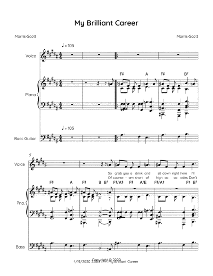 My Brilliant Career Piano, Vocal, Guitar scores gallery preview page 1