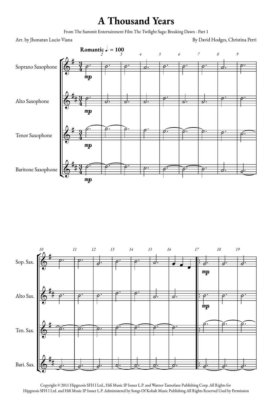 A Thousand Years Saxophone Quartet scores gallery preview page 1