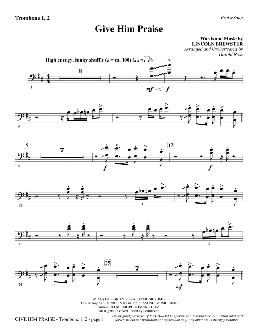 Give Him Praise - Trombone 1 & 2 Choir scores gallery preview page 1