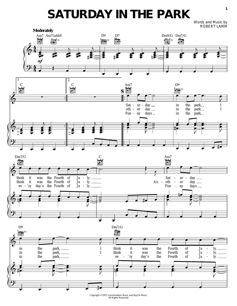 Saturday In The Park Piano, Vocal, Guitar scores gallery preview page 1