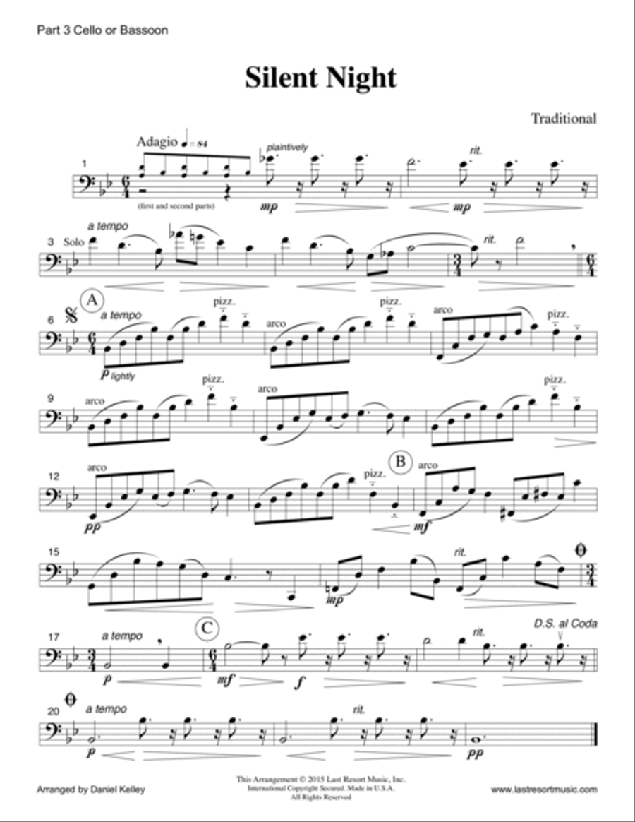 Silent Night for Piano Quartet (Violin, Viola, Cello, Piano) Set of 4 Parts 4-Part scores gallery preview page 4