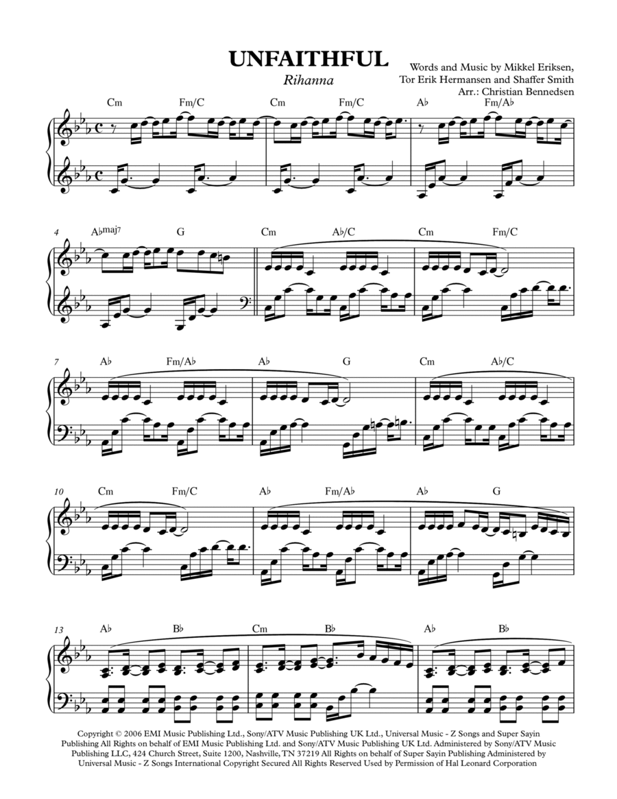 Unfaithful Piano Solo scores gallery preview page 1