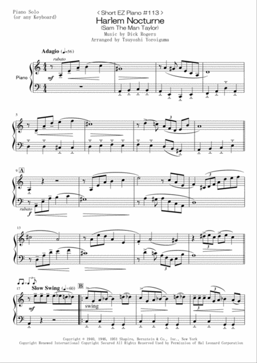 Harlem Nocturne Harlem Nocturne Easy Piano scores gallery preview page 1