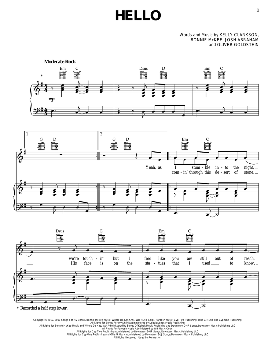 Hello Hello Piano, Vocal, Guitar scores gallery preview page 1