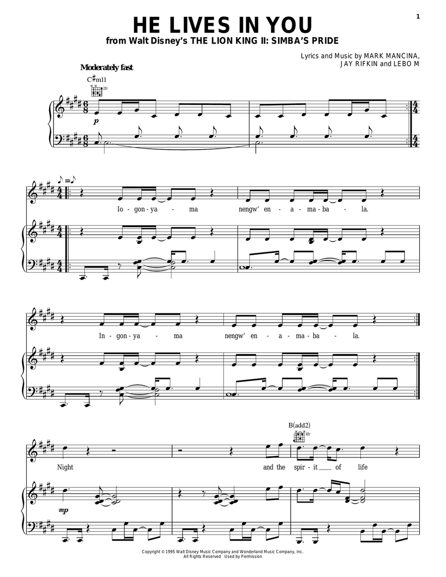 He Lives In You (from The Lion King II: Simba's Pride) Piano, Vocal, Guitar scores gallery preview page 1