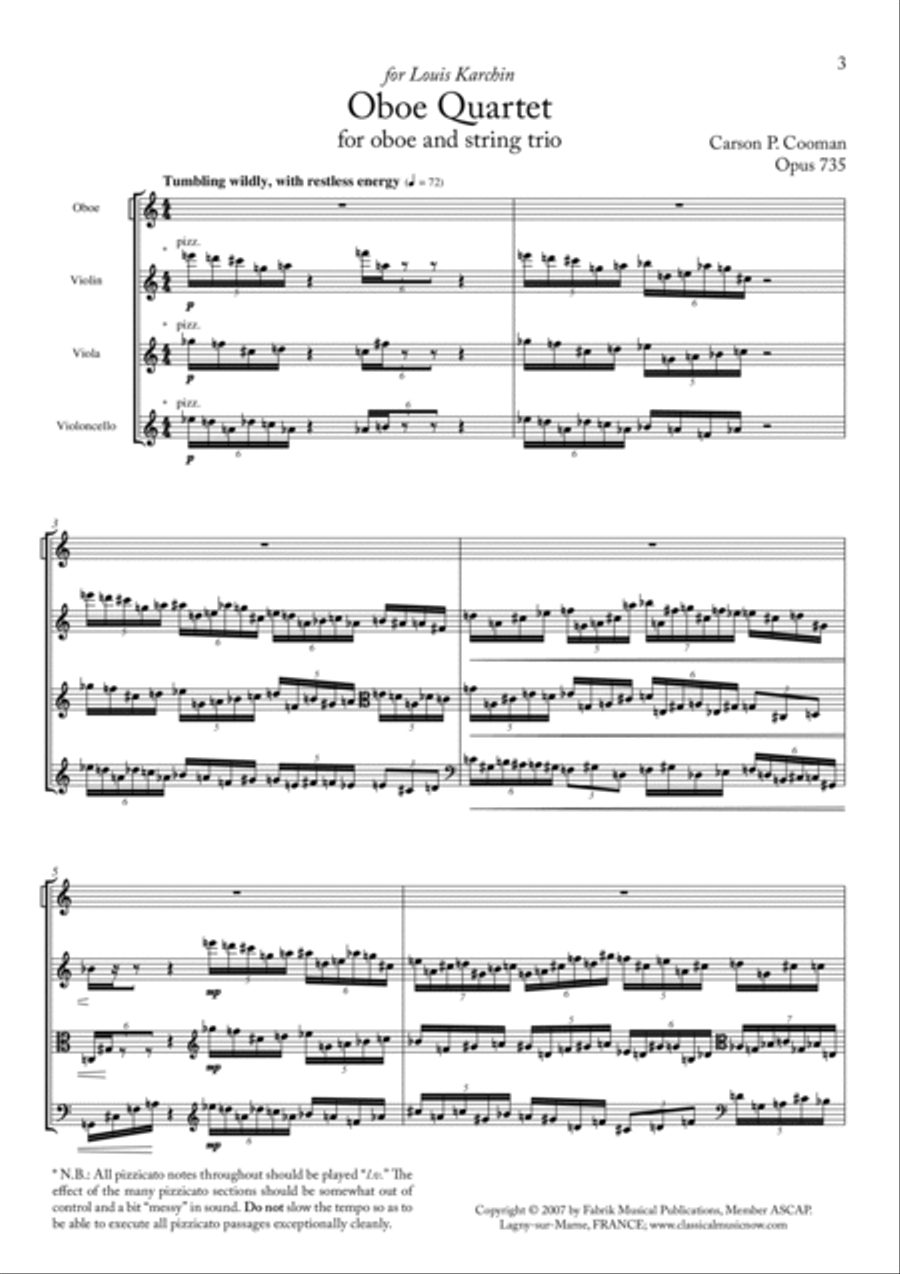 Carson Cooman: Oboe Quartet (2007) for oboe and string trio Small Ensemble scores gallery preview page 2
