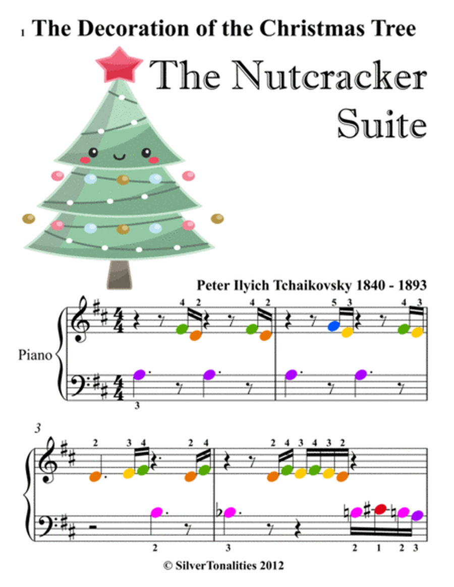 Decoration of the Christmas Tree Nutcracker Beginner Piano Sheet Music with Colored Notation