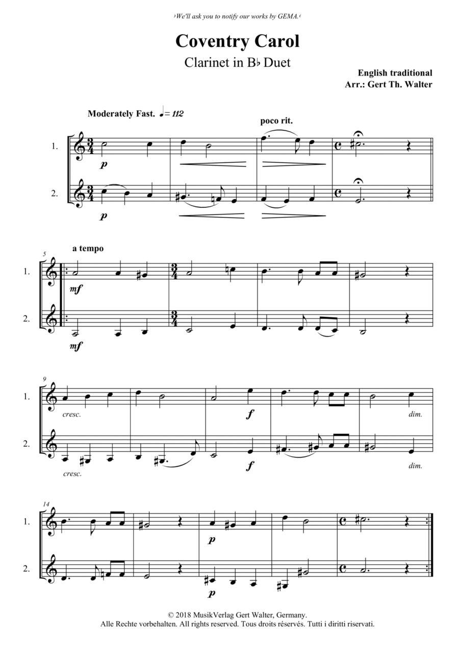 Coventry Carol Coventry Carol Clarinet Duet scores gallery preview page 1
