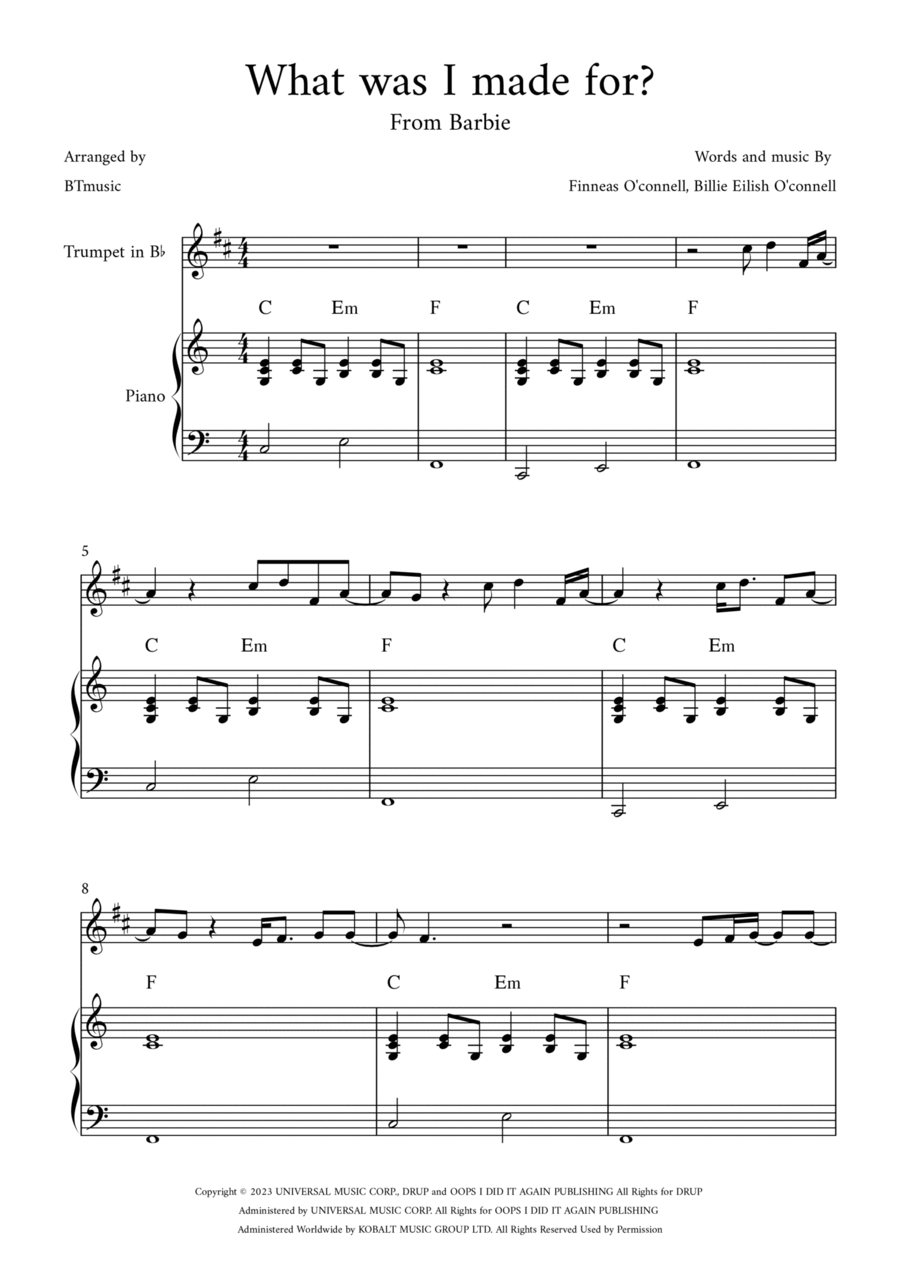 What Was I Made For? B-Flat Trumpet scores gallery preview page 1