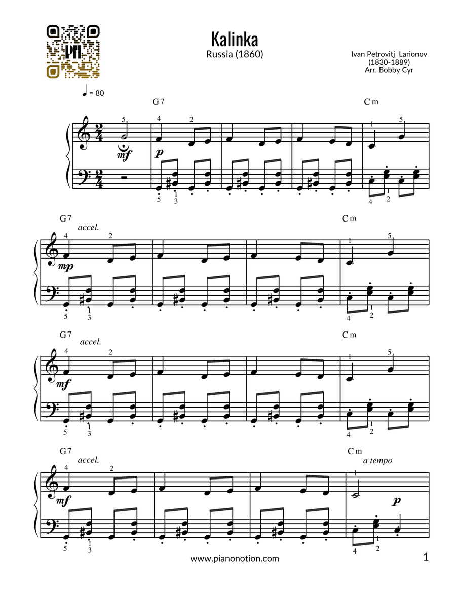 Kalinka | Калинка (Easy Piano Solo) Easy Piano scores gallery preview page 1
