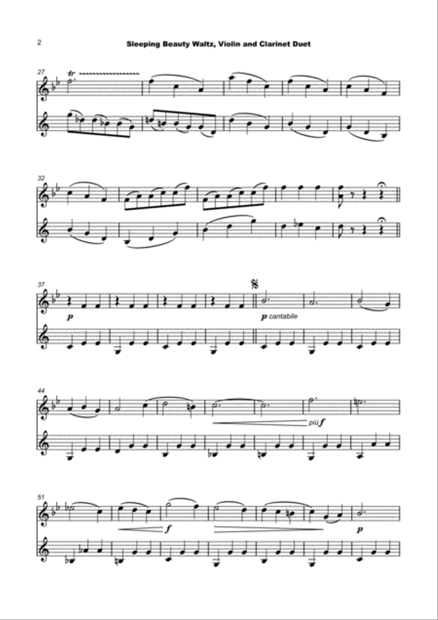 The Sleeping Beauty Waltz by Tchaikovsky, for Violin and Clarinet Duet Clarinet Duet scores gallery preview page 3