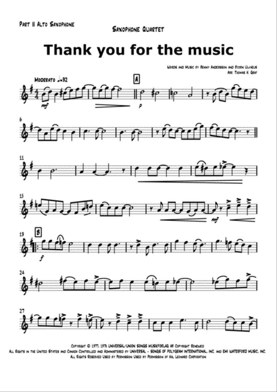 Thank You For The Music Saxophone Quartet scores gallery preview page 6