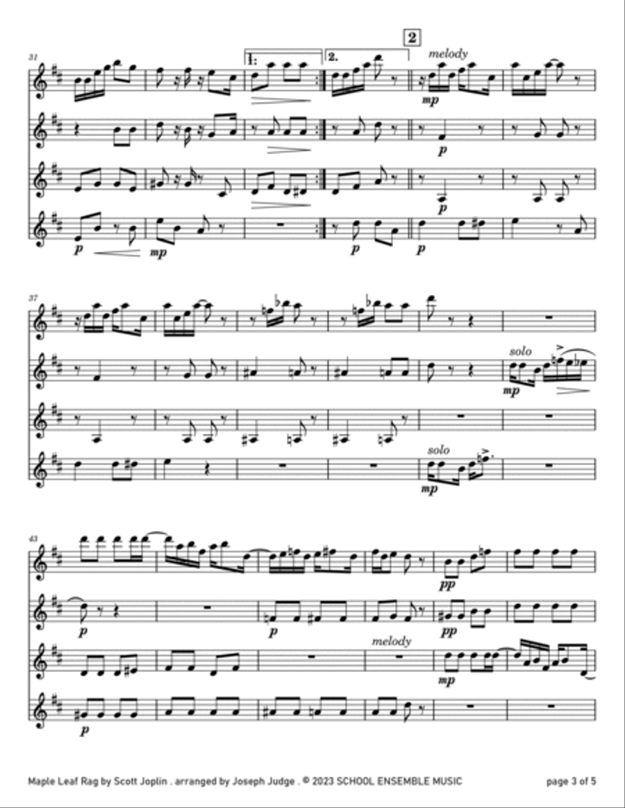 Maple Leaf Rag by Scott Joplin for Clarinet Quartet in School Clarinet Quartet scores gallery preview page 3