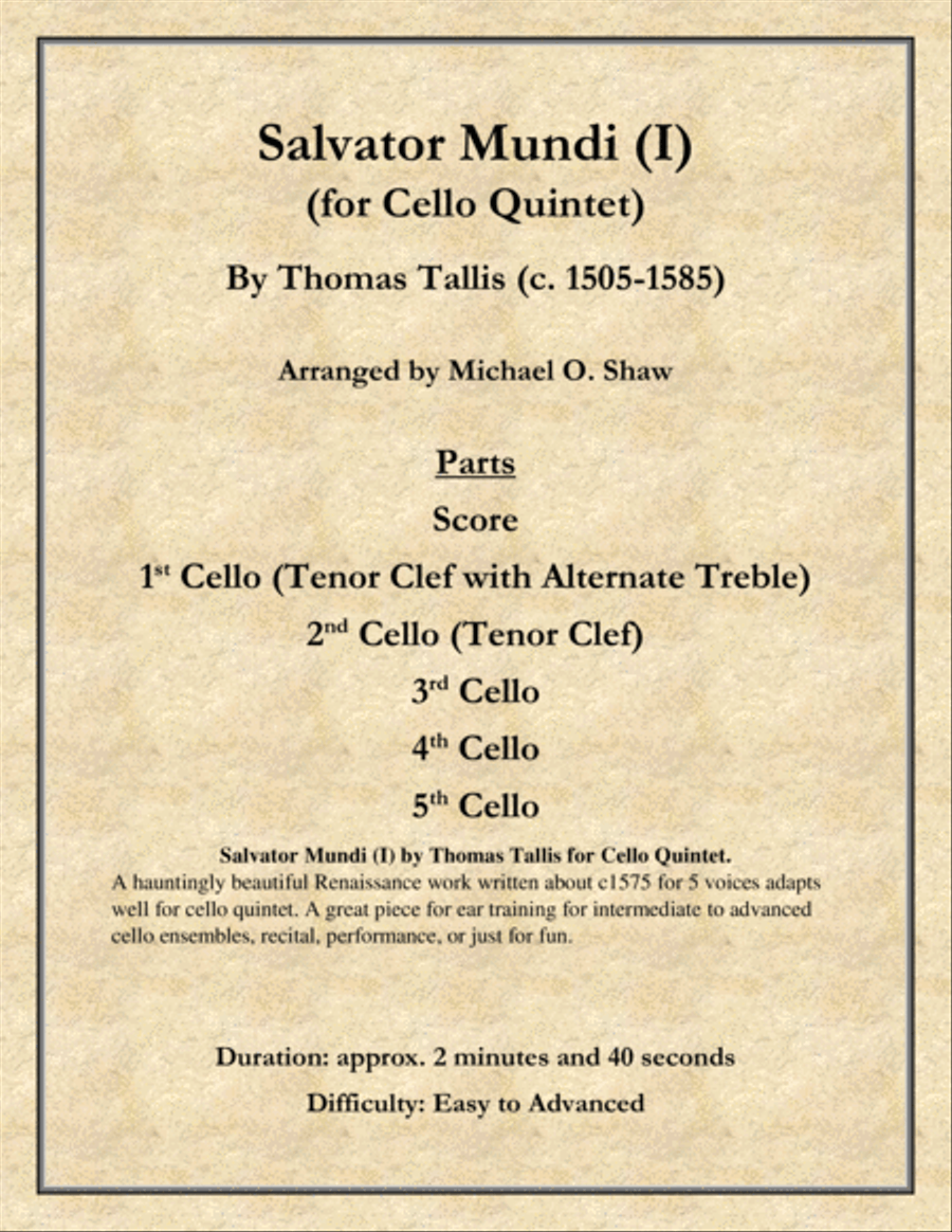 Salvator Mundi by Thomas Tallis for Cello Quintet String Quintet scores gallery preview page 1