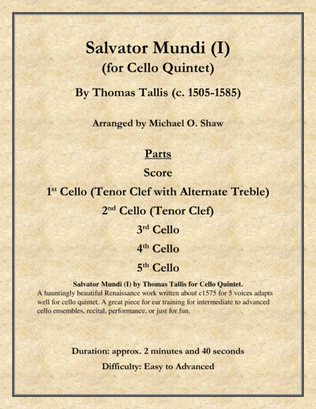 Salvator Mundi by Thomas Tallis for Cello Quintet