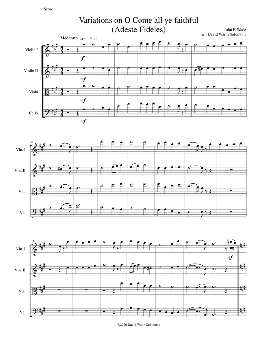 Variations on O Come all ye faithful (Adeste fideles) for string quartet String Quartet scores gallery preview page 1