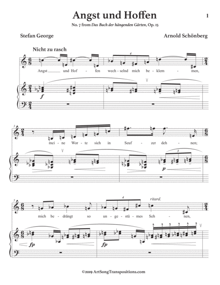 SCHÖNBERG: Angst und Hoffen, Op. 15 no. 7 (transposed down one whole step)