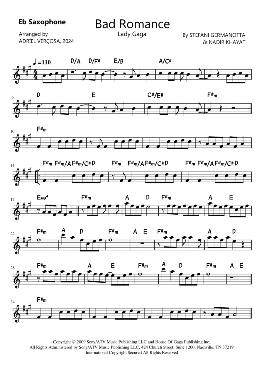 Bad Romance Alto Saxophone scores gallery preview page 1
