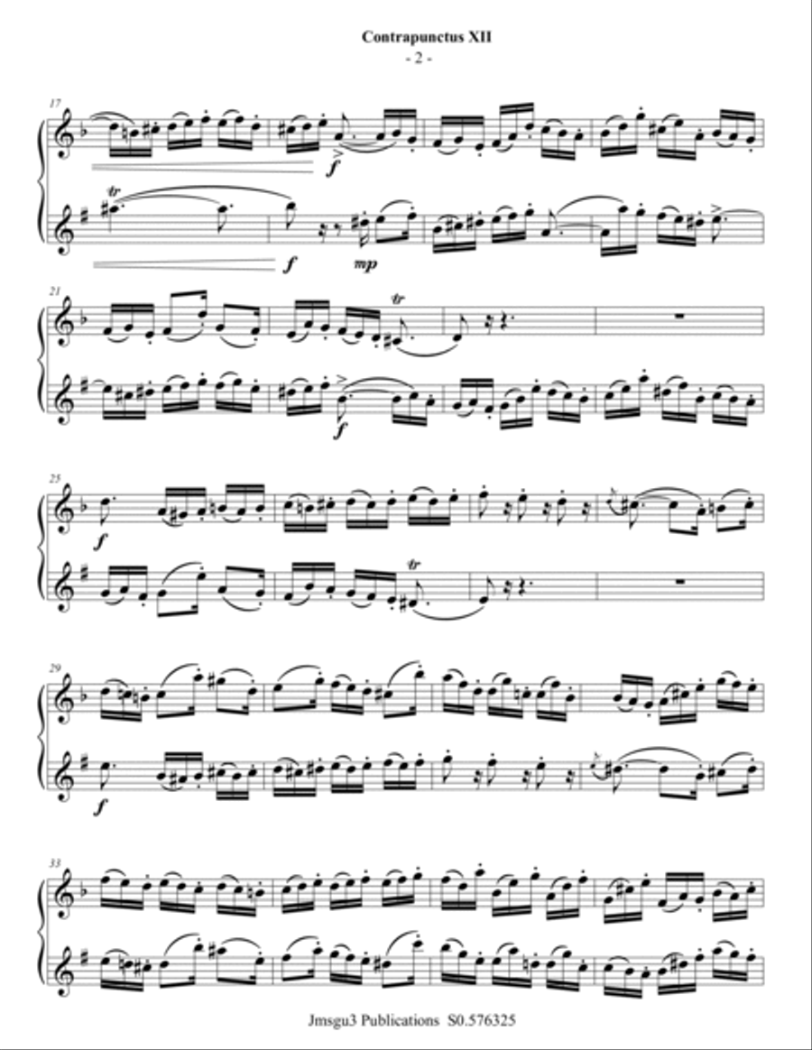 Bach: Four Duets from the Art of Fugue for Violin & Bass Clarinet Bass Clarinet scores gallery preview page 2